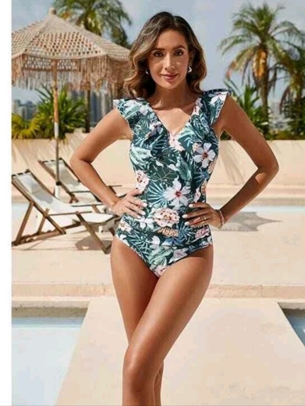Blooming Jelly Tropical Print One-Piece Swimsuit‎ Ruffle Neckline Women Size XL - Picture 12 of 13